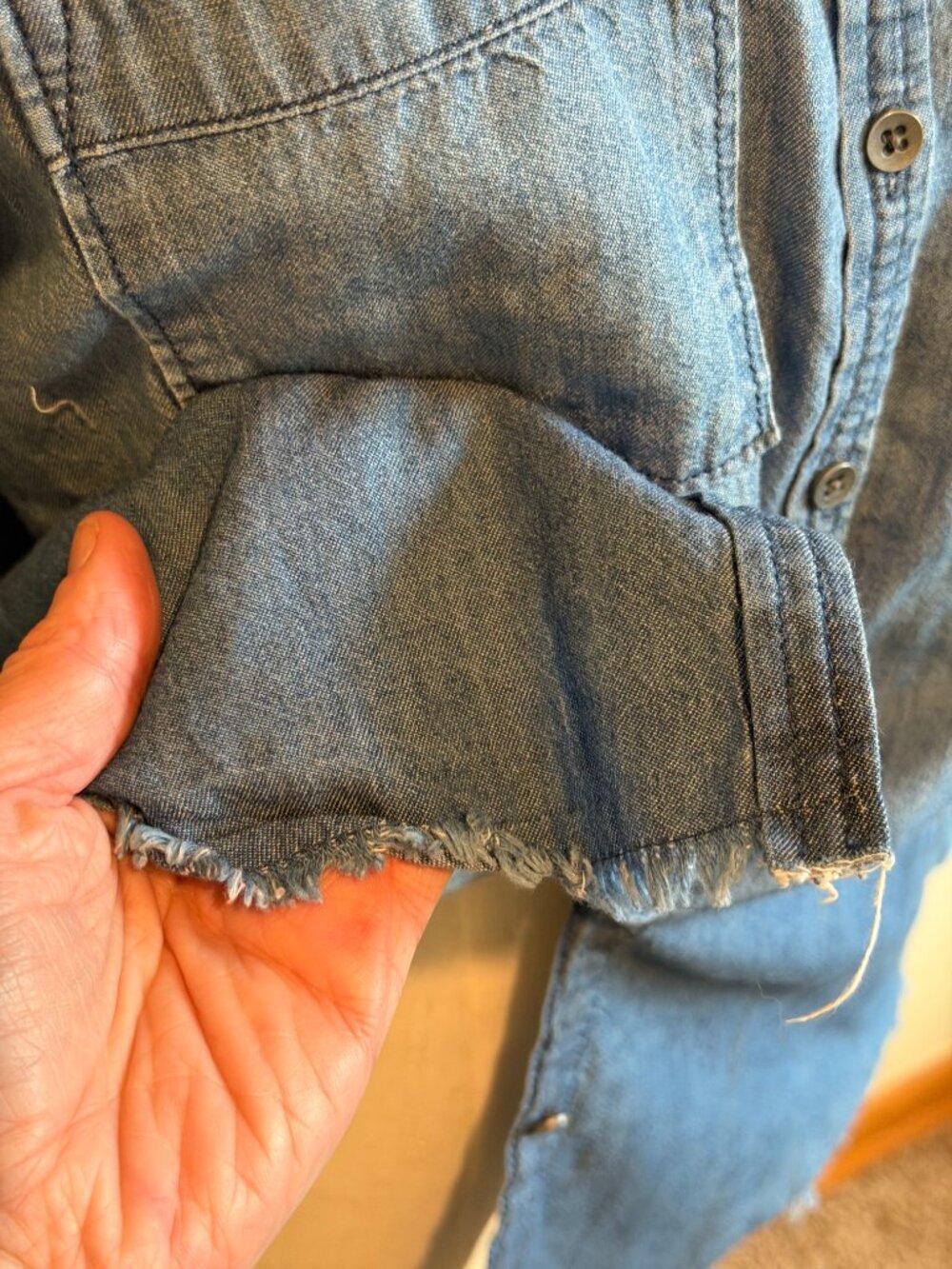Melrose and Market Lightweight Denim Shirt Raw Hem Distressed Blue Small - Picture 3 of 7